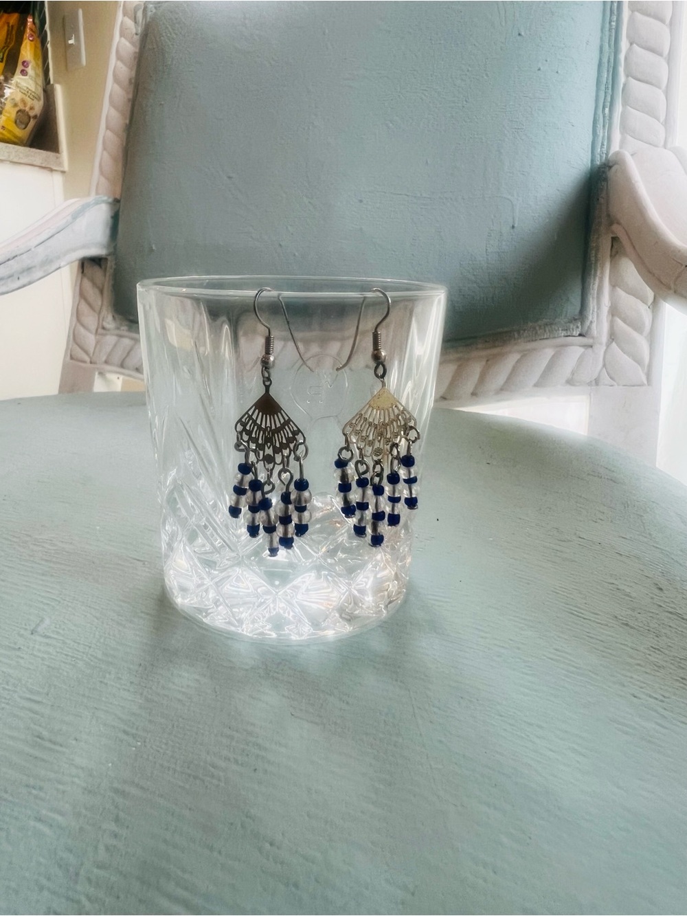 Vintage Silver-Tone Chandelier Earrings with Blue and White Beads